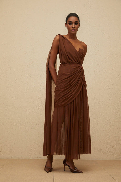 Jolanda Gown - One Shoulder Design - Cinched Waist - Ruched Detailing - Asymmetrical Style - Maxi Length