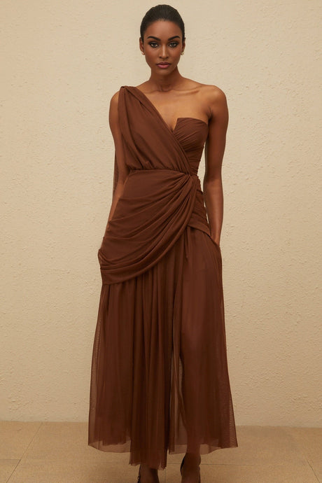 Jolanda Gown - One Shoulder Design - Cinched Waist - Ruched Detailing - Asymmetrical Style - Maxi Length