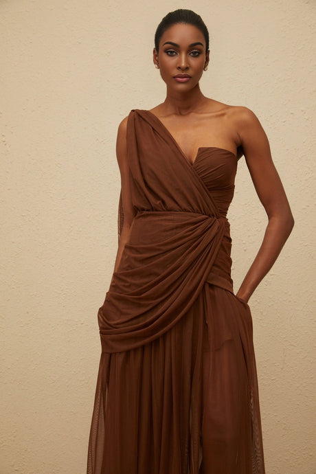 Jolanda Gown - One Shoulder Design - Cinched Waist - Ruched Detailing - Asymmetrical Style - Maxi Length