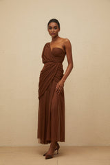 Jolanda Gown - One Shoulder Design - Cinched Waist - Ruched Detailing - Asymmetrical Style - Maxi Length