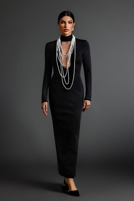 Jordan Black Bandage Maxi Dress with Pearl Detailing