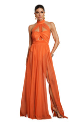 Jordan Orange Halterneck Twist Detail Maxi Dress