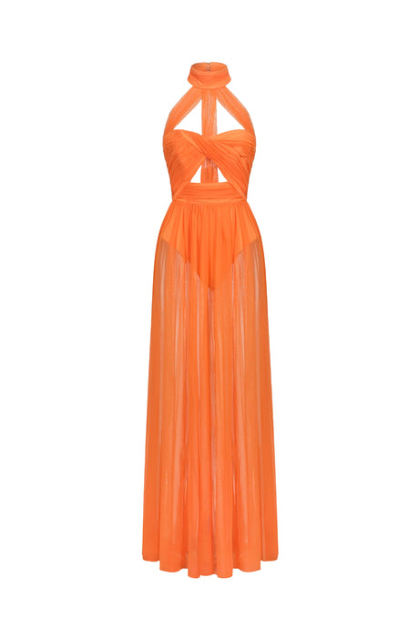 Jordan Orange Halterneck Twist Detail Maxi Dress for Women