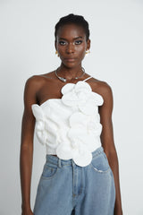 Josephine Floral Top Halterneck Applique White