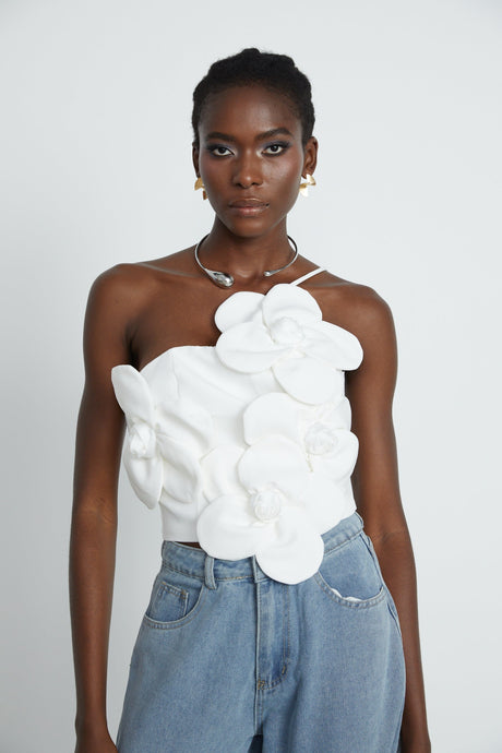 Josephine Floral Top Halterneck Applique White