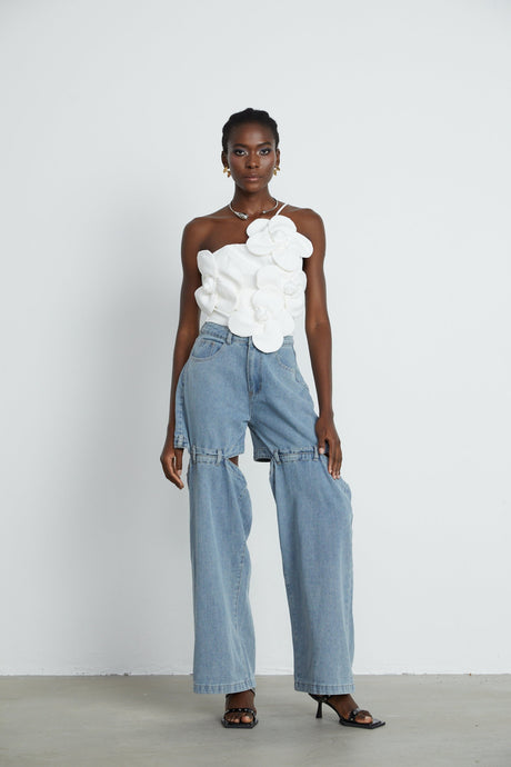 Josephine Floral Top Halterneck Applique White