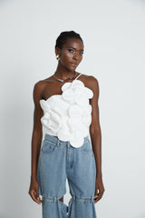 Josephine Floral Top Halterneck Applique White