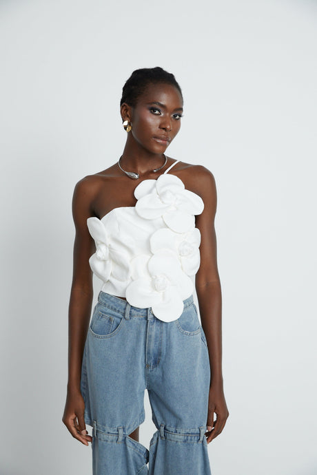 Josephine Floral Top Halterneck Applique White