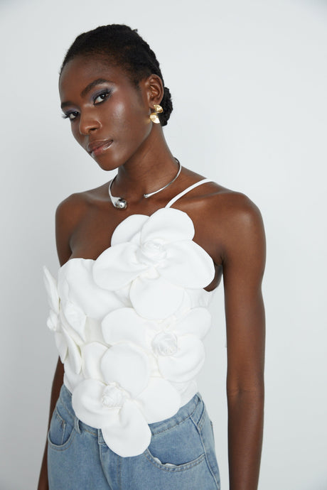 Josephine Floral Top Halterneck Applique White