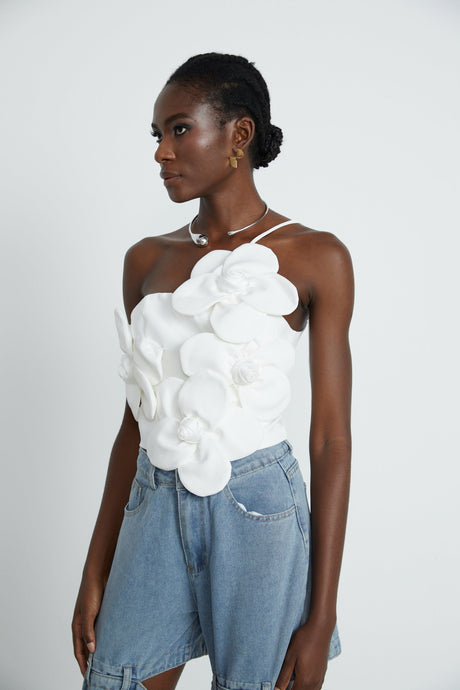 Josephine Floral Top Halterneck Applique White