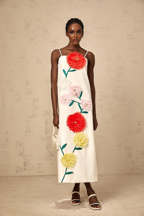Josephine Midi Dress White 3D Petal Shift Square Neck Spaghetti