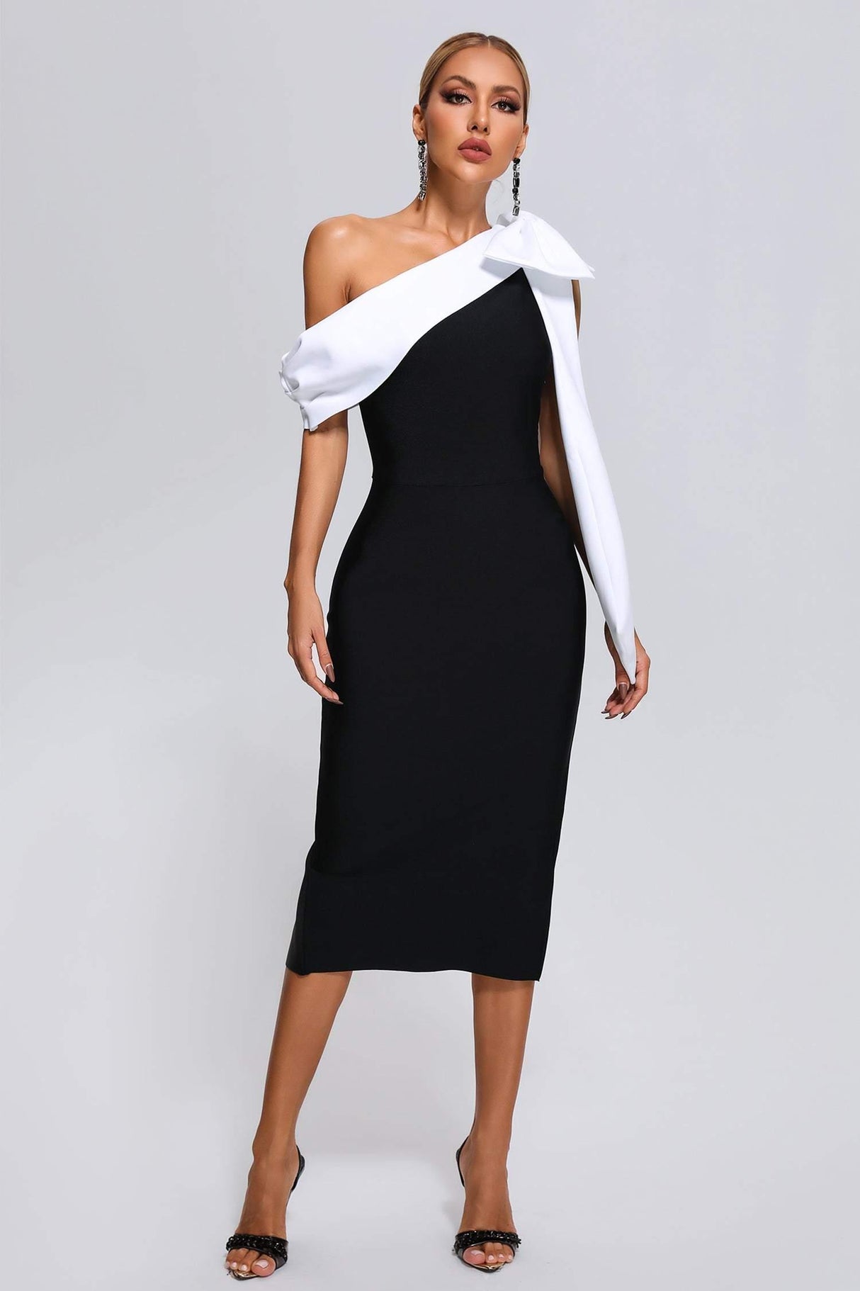 Pellegrina Midi Dress - Asymmetrical Neckline - Fitted Silhouette - Bandage Fabric - Oversized Bow - Evening Events