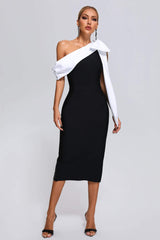 Pellegrina Midi Dress - Asymmetrical Neckline - Fitted Silhouette - Bandage Fabric - Oversized Bow - Evening Events