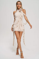 Priscilla Mini Dress - Halter Neckline - Floral Embellishments - Flowing Ribbons - Layered Hemline - Lightweight Fabric