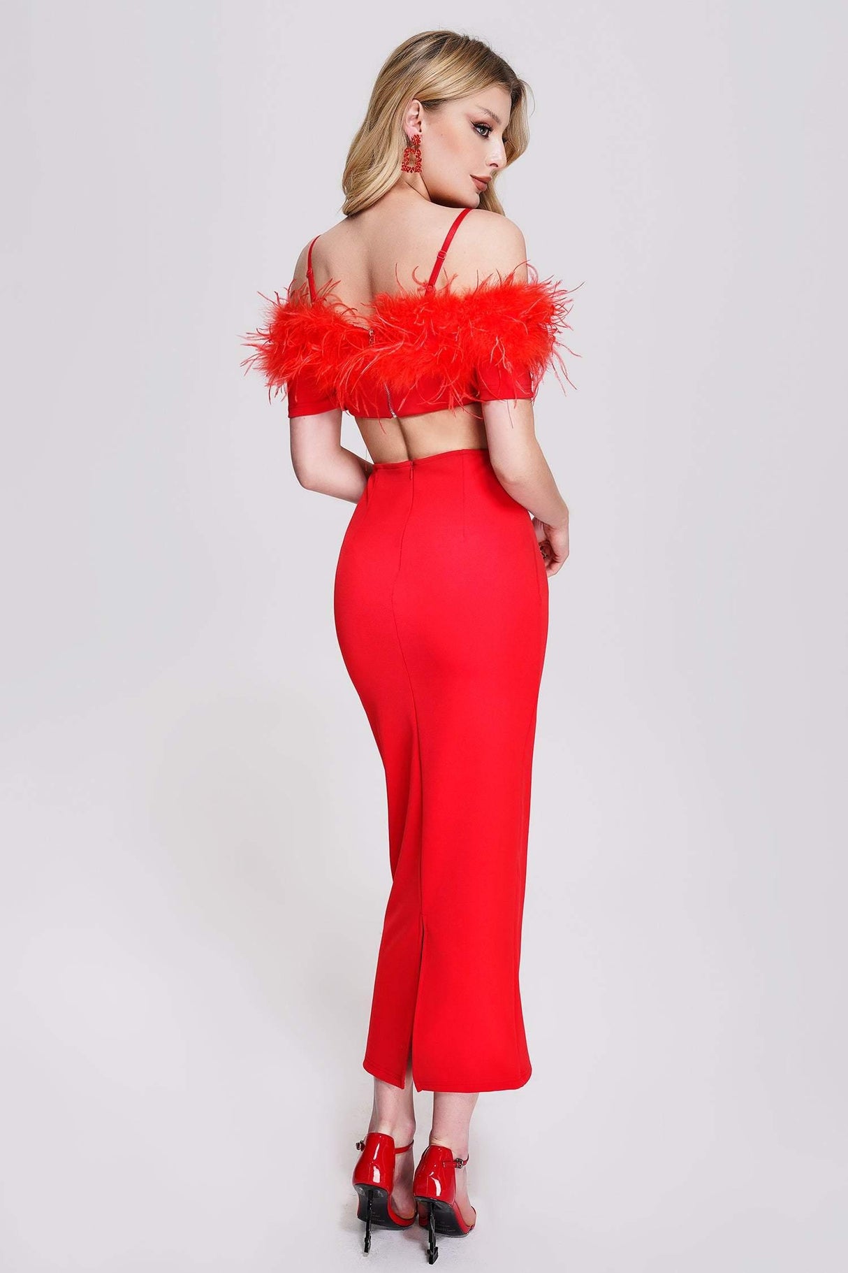 Mattea Midi Dress - Off-The-Shoulder - Feather Embellishments - Cut-Out Detailing - Body-Hugging Silhouette - Versatile Midi Length