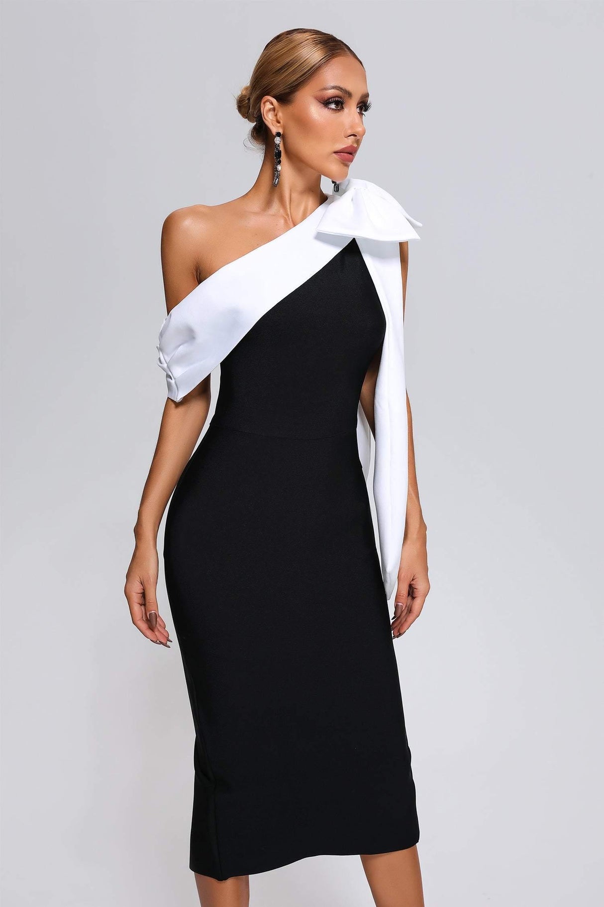 Pellegrina Midi Dress - Asymmetrical Neckline - Fitted Silhouette - Bandage Fabric - Oversized Bow - Evening Events
