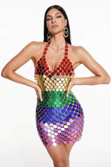 Lola Mini Dress - Iridescent Mirror Detailing - Halter Neckline - Form-Fitting Silhouette - Vibrant Color Palette - Short Hemline