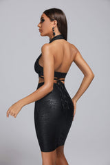 Noemi Mini Dress - Halter Neckline - Crossed Bodice Detailing - Metallic Fabric - Bodycon - Unique Cutouts