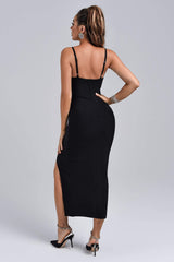 Haven Midi Dress - Barbie Diamonate - Bandage - Thigh-High Slit - Shimmering Accents - Adjustable Straps