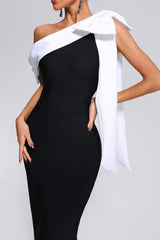 Pellegrina Midi Dress - Asymmetrical Neckline - Fitted Silhouette - Bandage Fabric - Oversized Bow - Evening Events
