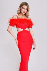 Mattea Midi Dress - Off-The-Shoulder - Feather Embellishments - Cut-Out Detailing - Body-Hugging Silhouette - Versatile Midi Length