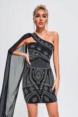 Landry One Shoulder Crystal Mini Dress - Captivating Silhouette - Intricate Crystal Detailing - Flattering Fit - Bold Geometric Patterns