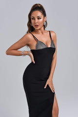 Haven Midi Dress - Barbie Diamonate - Bandage - Thigh-High Slit - Shimmering Accents - Adjustable Straps