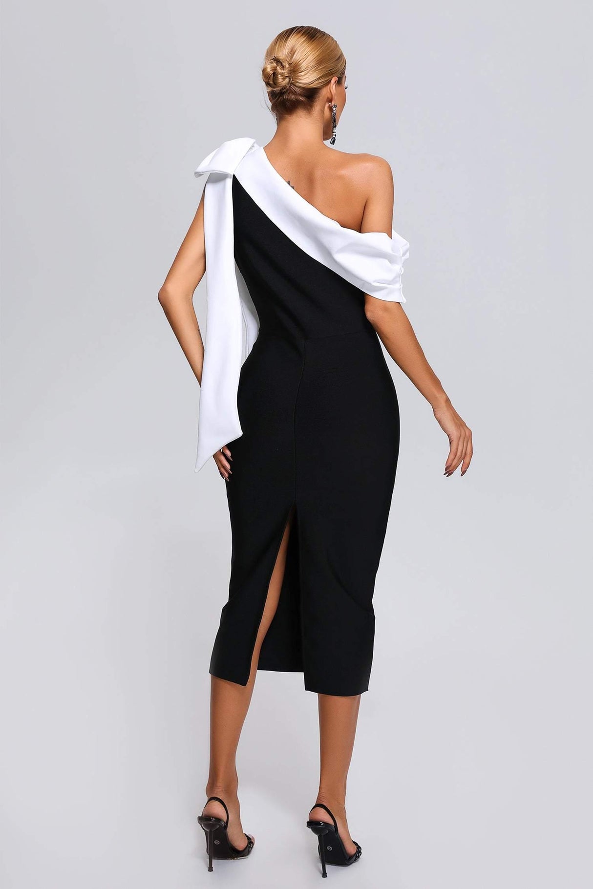 Pellegrina Midi Dress - Asymmetrical Neckline - Fitted Silhouette - Bandage Fabric - Oversized Bow - Evening Events