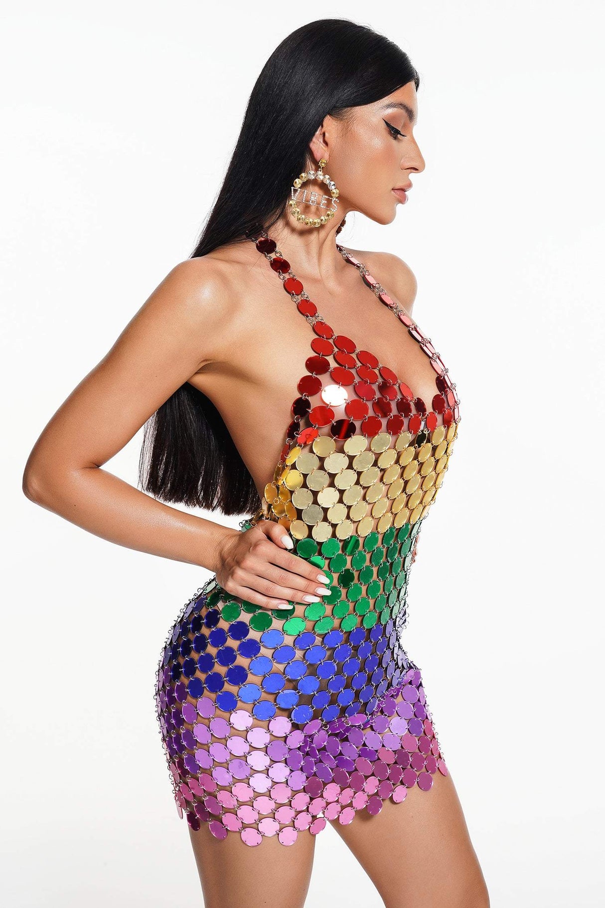 Lola Mini Dress - Iridescent Mirror Detailing - Halter Neckline - Form-Fitting Silhouette - Vibrant Color Palette - Short Hemline