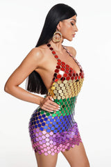 Lola Mini Dress - Iridescent Mirror Detailing - Halter Neckline - Form-Fitting Silhouette - Vibrant Color Palette - Short Hemline