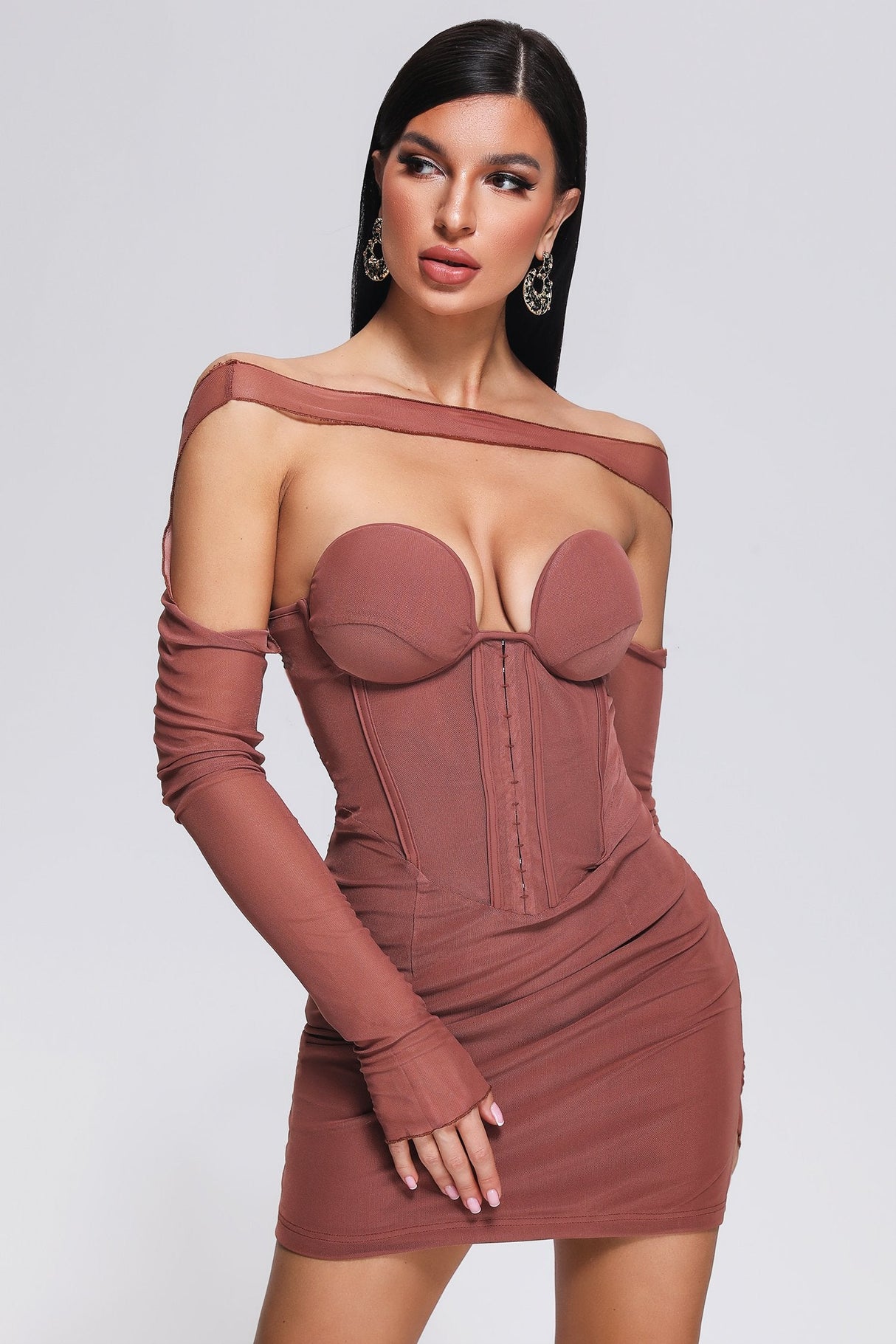 Mariella Mini Dress - Off-Shoulder Neckline - Corset Detailing - Fitted Silhouette - Mesh Accents - Versatile Styling