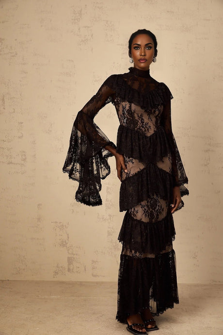 Julia Maxi Dress Black Floral Lace Ruffles Long Sleeves Cinched Waist & Zip Fastening