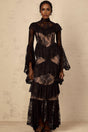 Julia Maxi Dress Black Floral Lace Ruffles Long Sleeves Cinched Waist & Zip Fastening