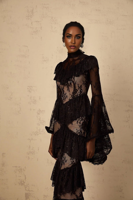 Julia Maxi Dress Black Floral Lace Ruffles Long Sleeves Cinched Waist & Zip Fastening
