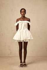 Julia Mini Dress White Ruffled Bow Detailing Off - Shoulder Pleated Thigh - Length