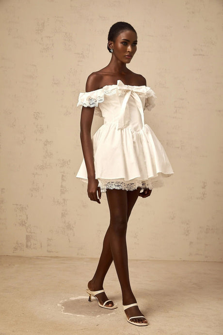 Julia Mini Dress White Ruffled Bow Detailing Off - Shoulder Pleated Thigh - Length