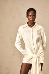 Julia Mini Dress White Satin Ribbon Ruched Thigh Length