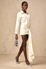 Julia Mini Dress White Satin Ribbon Ruched Thigh Length