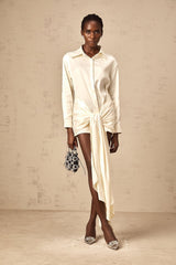 Julia Mini Dress White Satin Ribbon Ruched Thigh Length