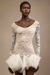 Julia White Lace V-Neckline Long Sleeve Mini Dress