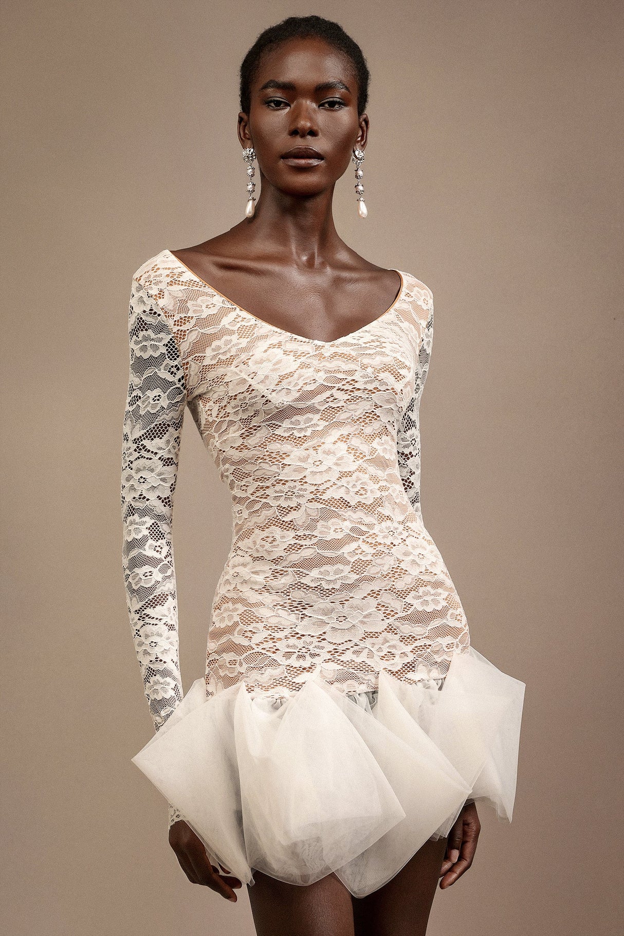 Julia White Lace V-Neckline Long Sleeve Mini Dress