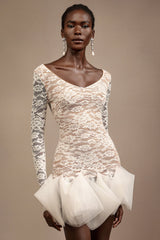 Julia White Lace V-Neckline Long Sleeve Mini Dress