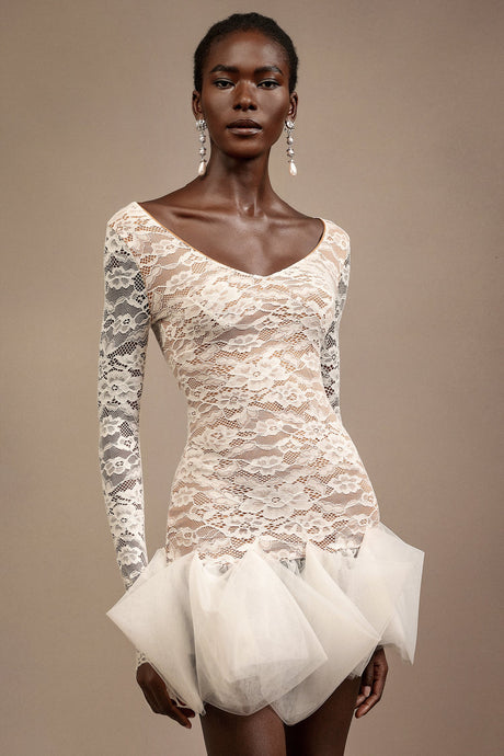 Julia White Lace V-Neckline Long Sleeve Mini Dress