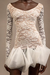 Julia White Lace V-Neckline Long Sleeve Mini Dress