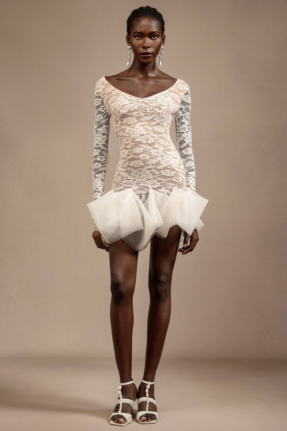 Julia White Lace V-Neckline Long Sleeve Mini Dress