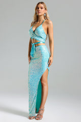 Juliana Blue Sequin Dress with Strappy Neckline and Side Slit