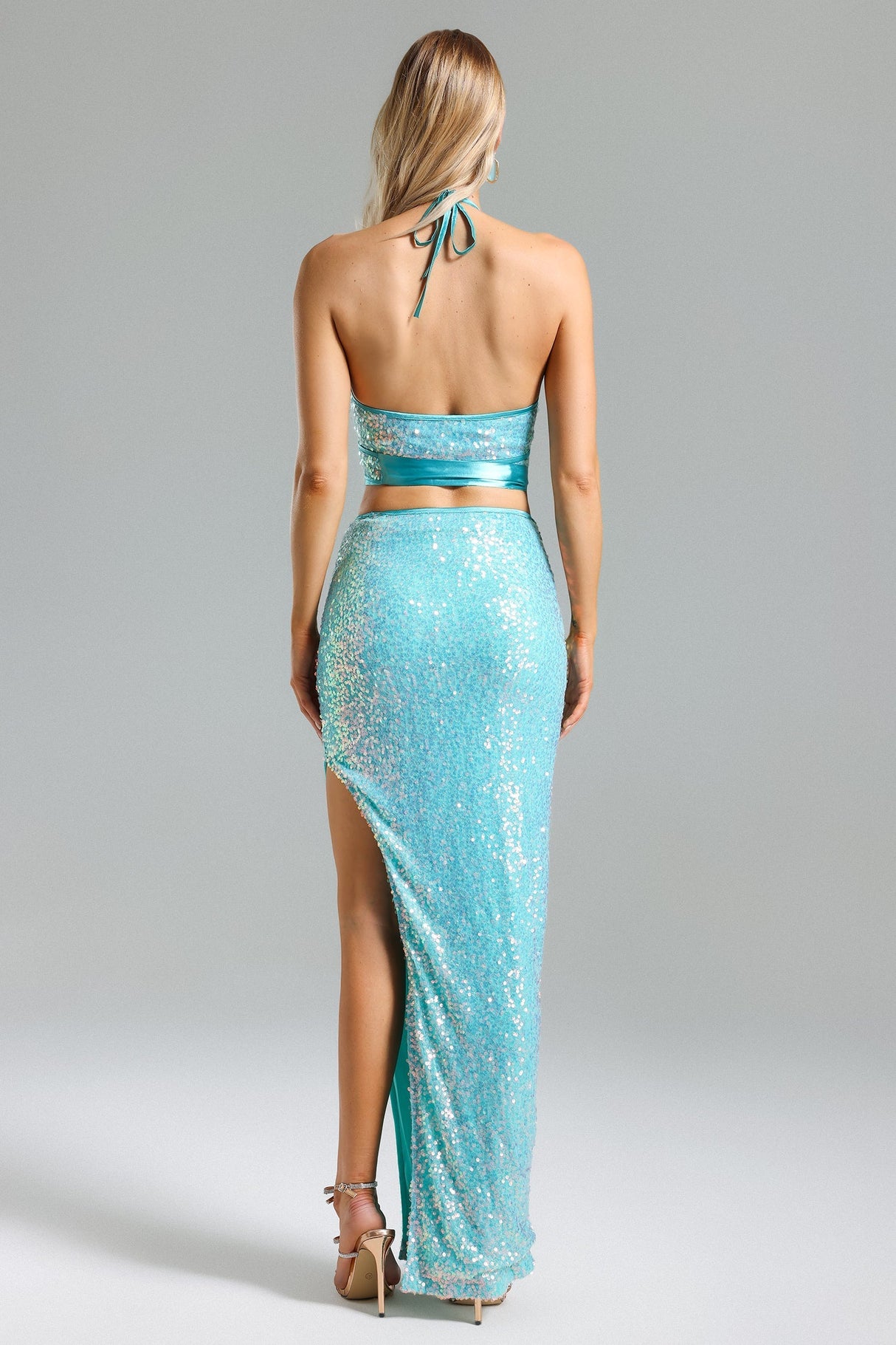 Juliana Blue Sequin Evening Dress with Slit Detail
