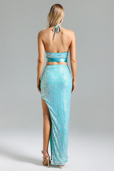 Juliana Blue Sequin Evening Dress with Slit Detail