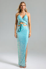 Juliana Blue Sequined Dress with Strappy Neckline and Side Slit Detail