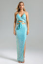 Juliana Blue Sequined Dress with Strappy Neckline and Side Slit Detail